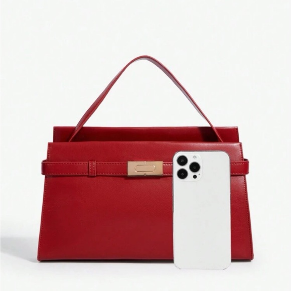 Red Top Handle Tote Bag Classic Square Bag - Picture 3 of 7